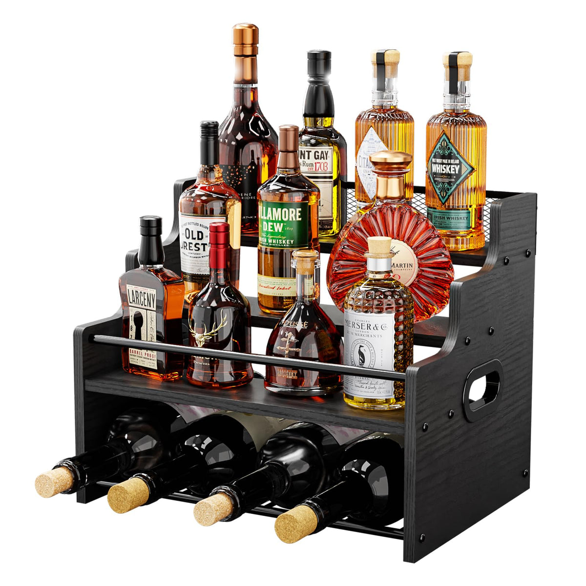 KLM 4-tier wood display shelf front view, organizing liquor and syrups with rustic charm