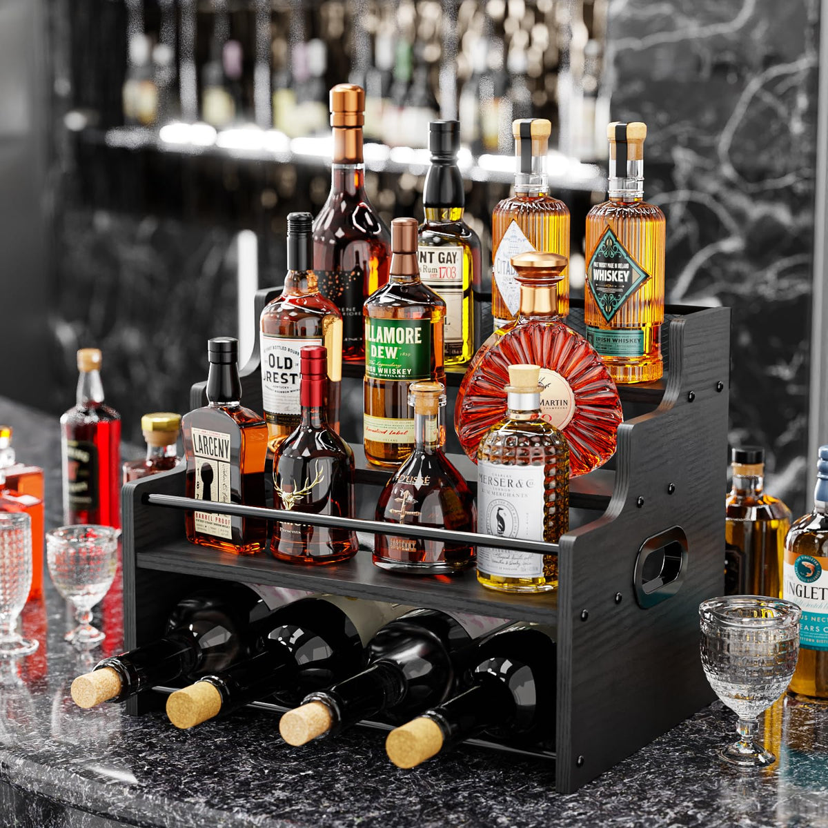 KLM black metal accents close-up highlight sturdy, stylish countertop storage