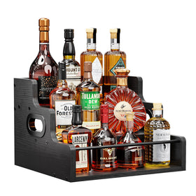 KLM bottle display shelf in black wood highlights spirits neatly on a stylish home bar.