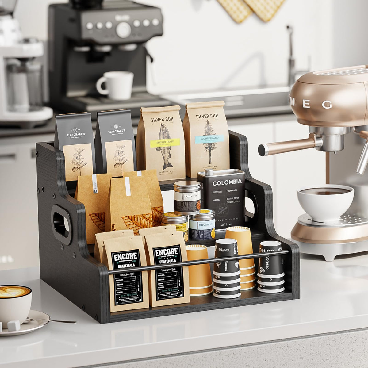 KLM coffee syrup rack organizer stores flavor syrups neatly for quick drink prep.