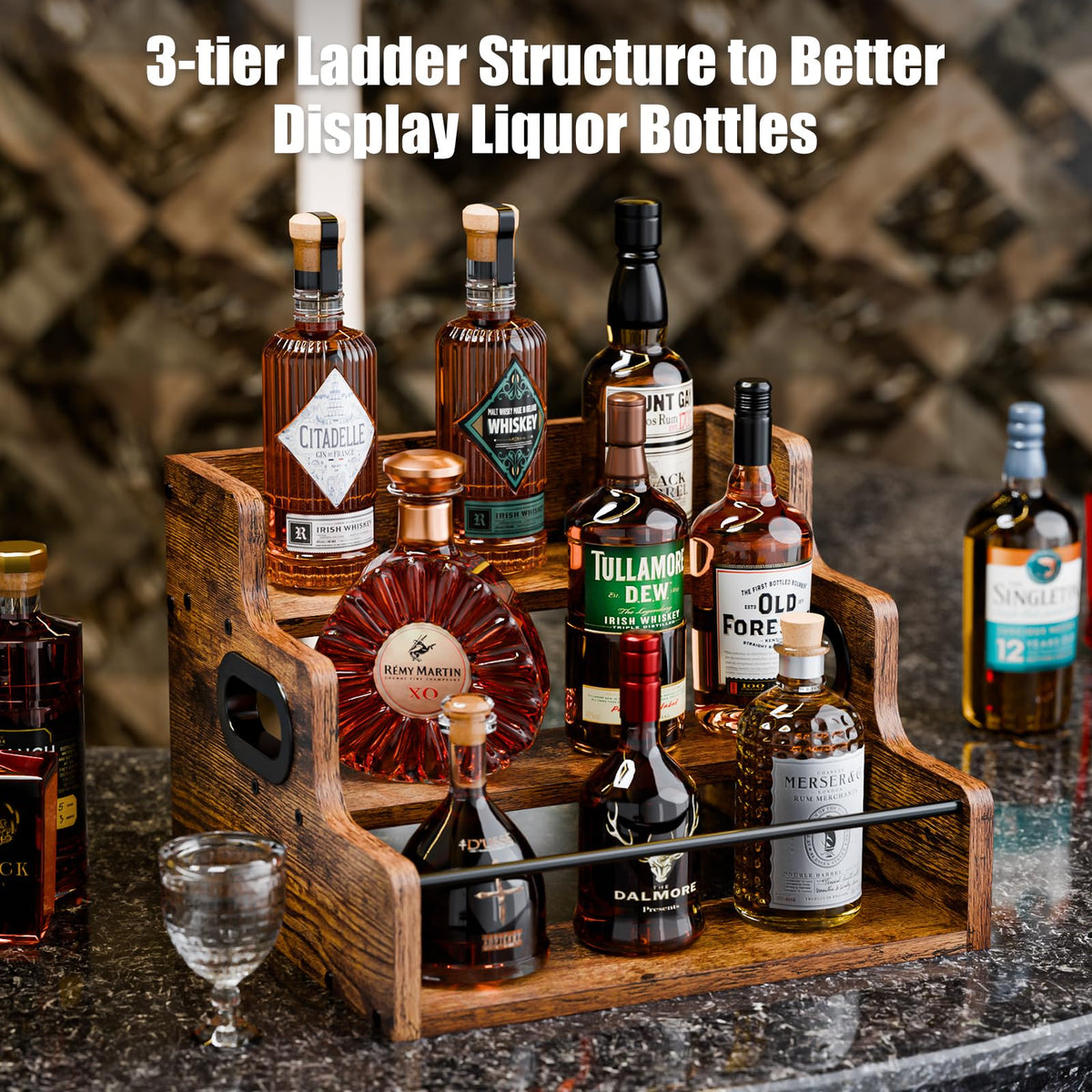 KLM retro-wood display unit keeps bottles within easy reach.