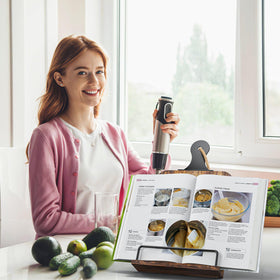 KLM adjustable angle feature shown for comfortable reading while cooking