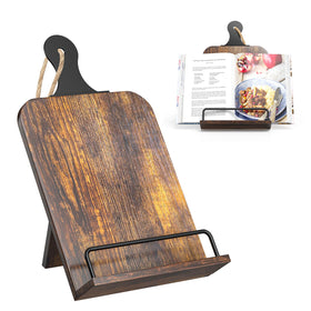 KLM cookbook stand with wooden frame and open page for easy viewing