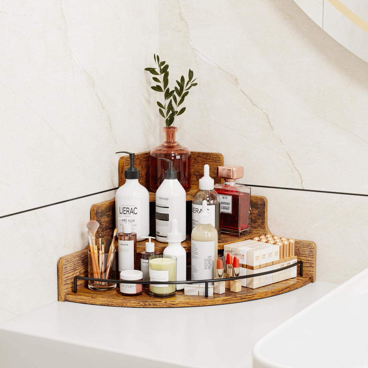 KLM Corner Shelf with raised edges and rails guards bottles while displayed