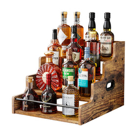 KLM liquor bottle display shelf front view, sturdy wooden design for organized bottles.
