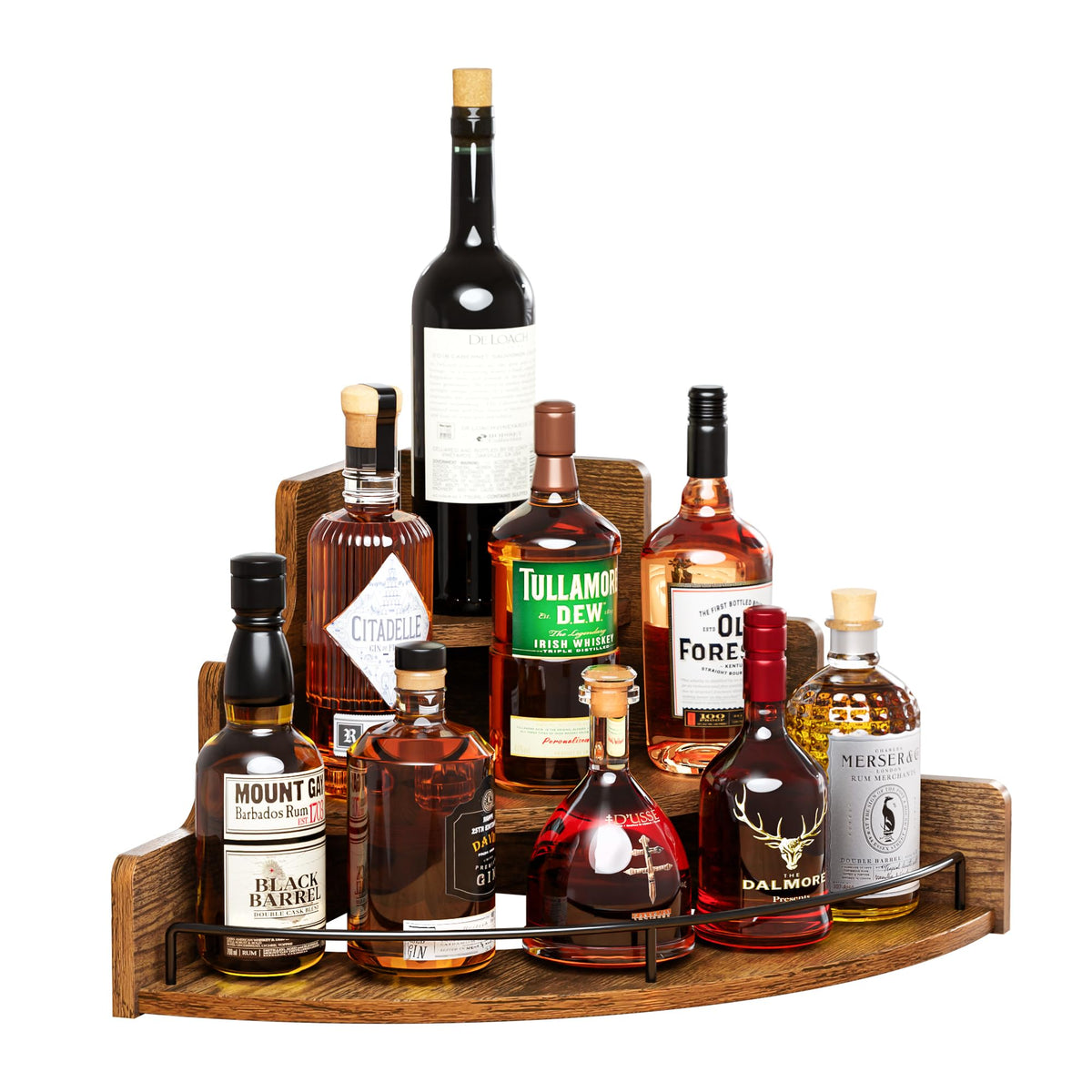 KLM Liquor Display Corner Shelf in brown showcases rustic corner storage for bottles