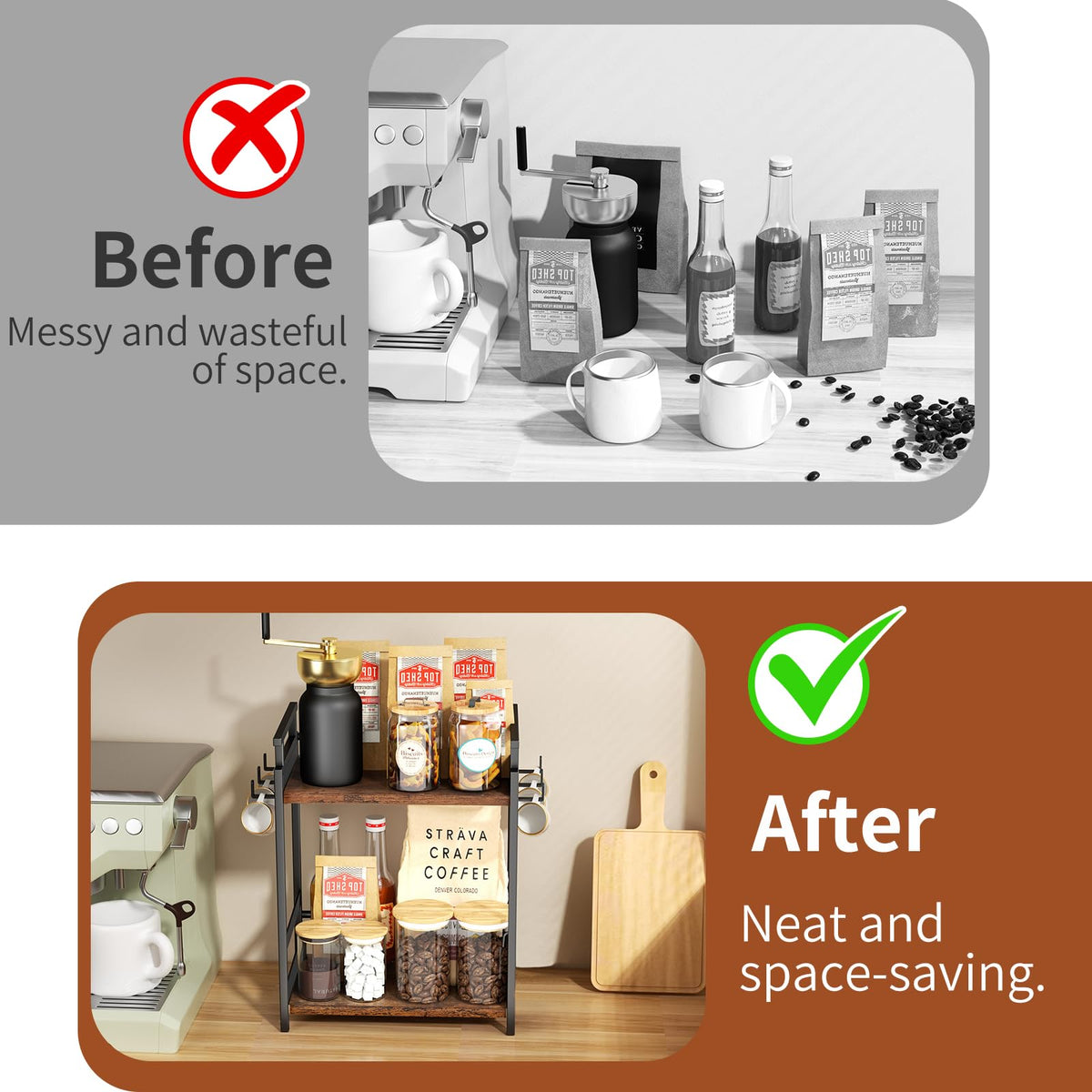KLM open-design shelf provides easy access to coffee supplies.