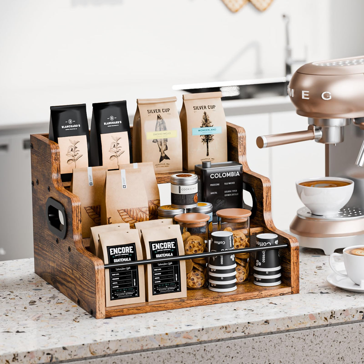 KLM retro-wood bar shelf top view highlights compact design.