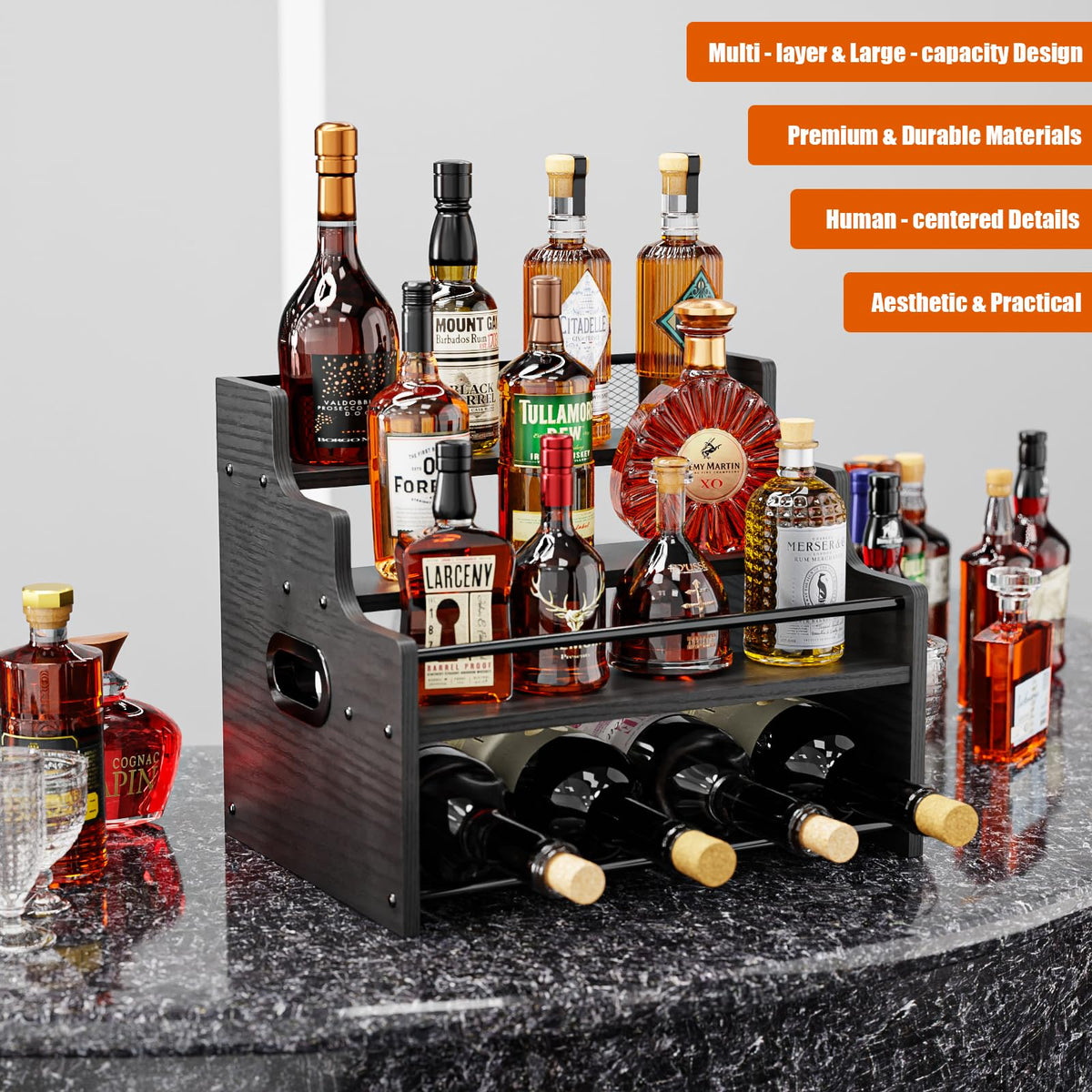 KLM rustic wood grain finish adds warmth to any bar area