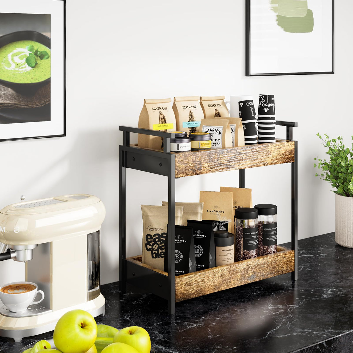 KLM spacious 13-3x7-inch organizer shelves displaying cups and accessories