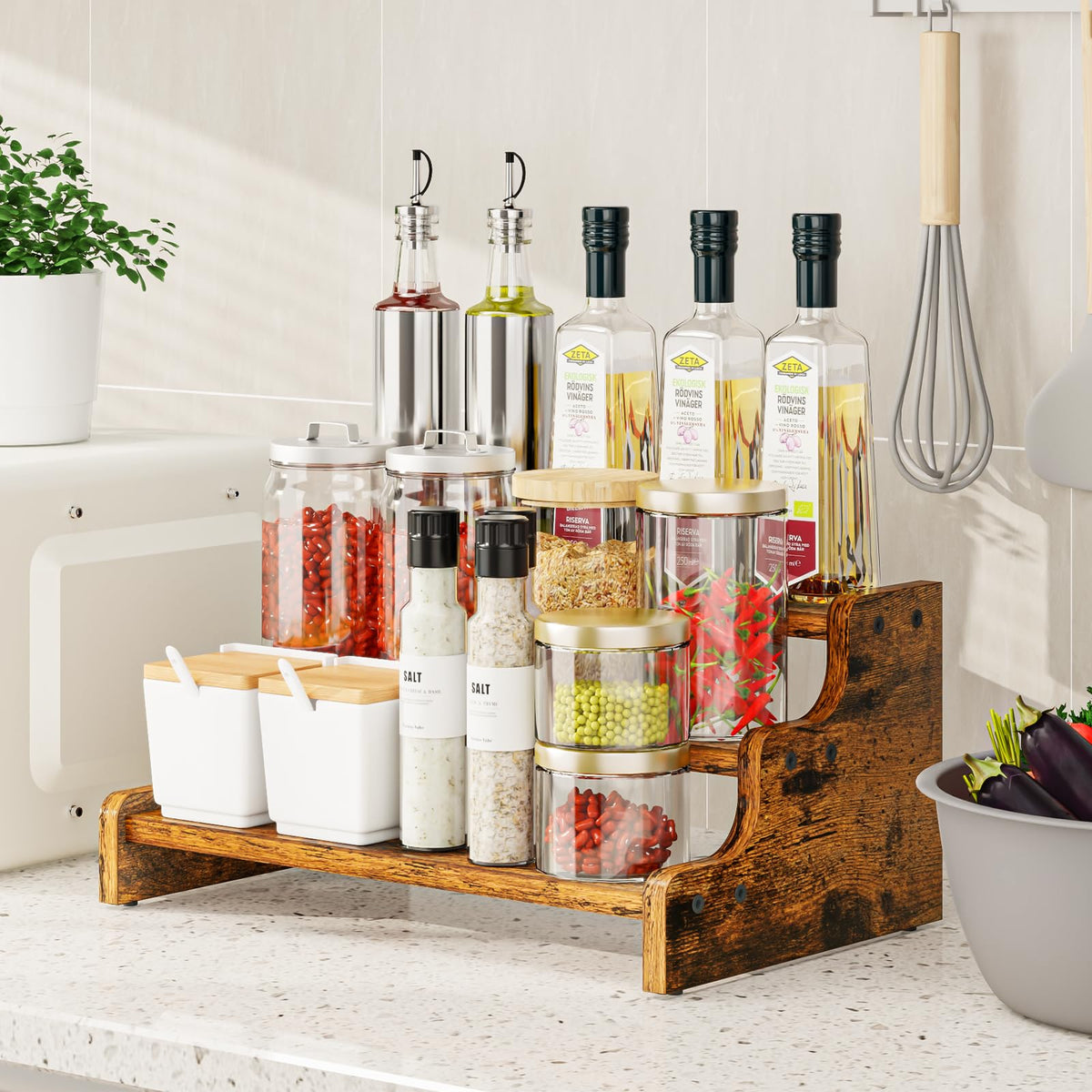 KLM spice bottle organizer on the counter for easy access during cooking.