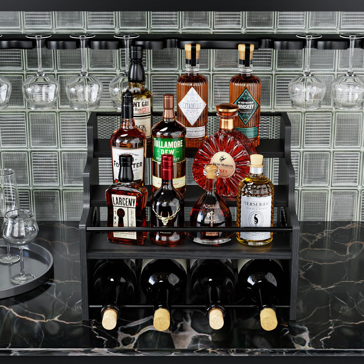 KLM sturdy construction with black finish supports various bottles and syrups