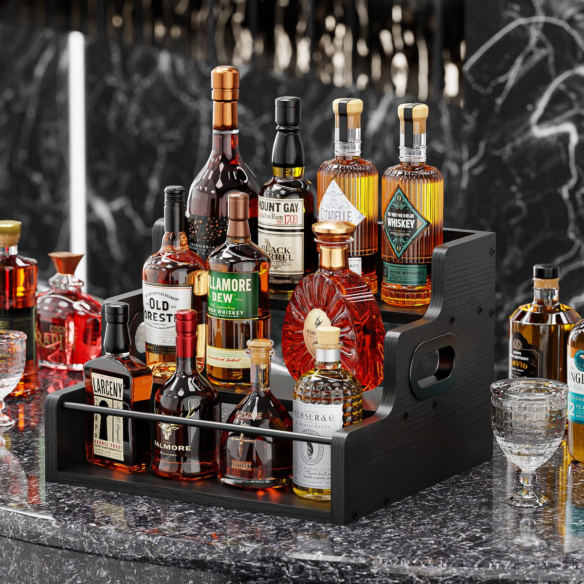 KLM three-tier liquor rack on countertop keeps bottles within reach while saving counter space.