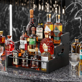 KLM three-tier liquor rack on countertop keeps bottles within reach while saving counter space.