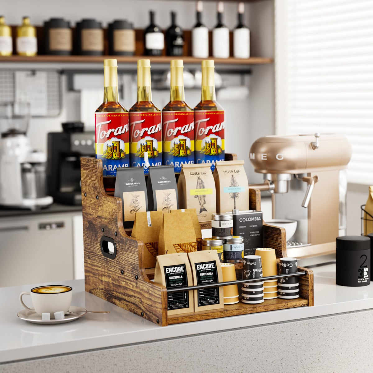 KLM wooden 4-tier shelf with metal support for stability.