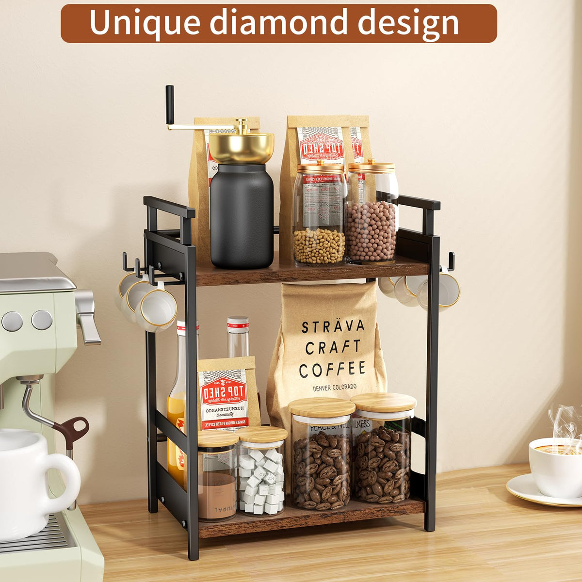 KLM wooden counter shelf with durable construction stores mugs and syrups neatly.