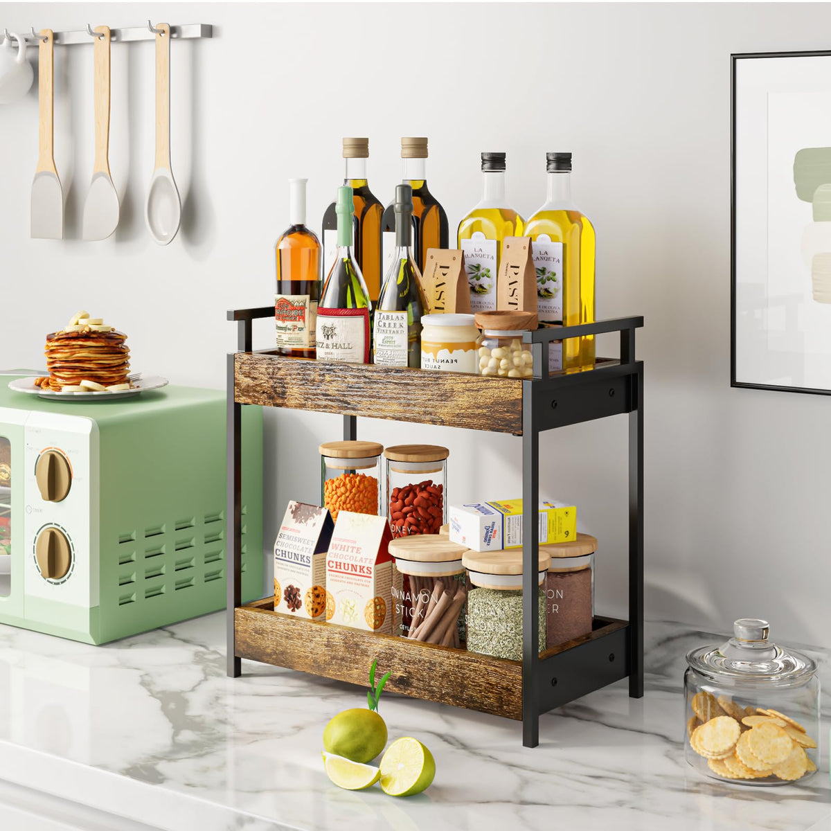 KLM wooden shelf storage holding coffee bar essentials on a counter