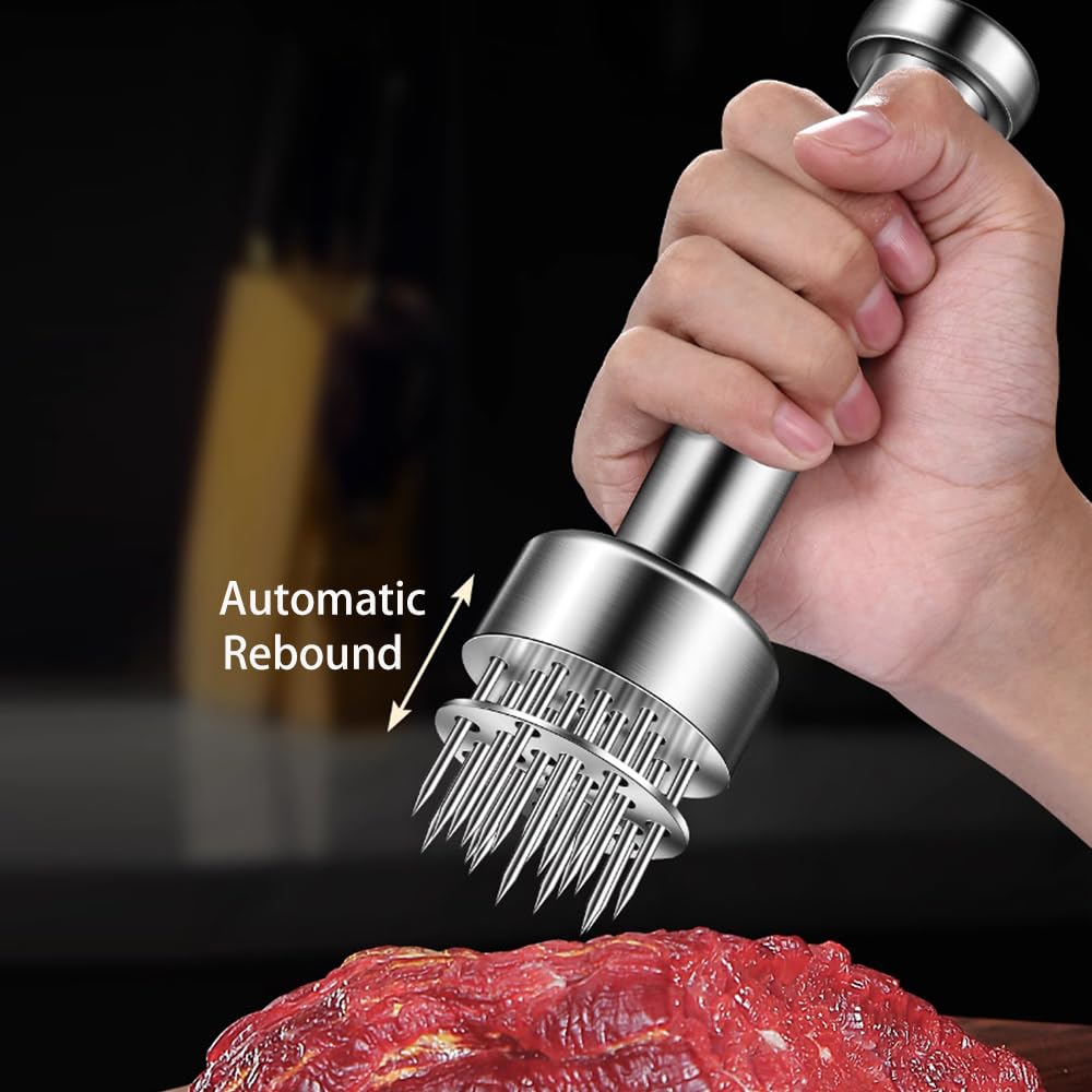 Kloahmo tenderizer in use on steak highlights marination-ready results.
