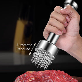 Kloahmo tenderizer in use on steak highlights marination-ready results.