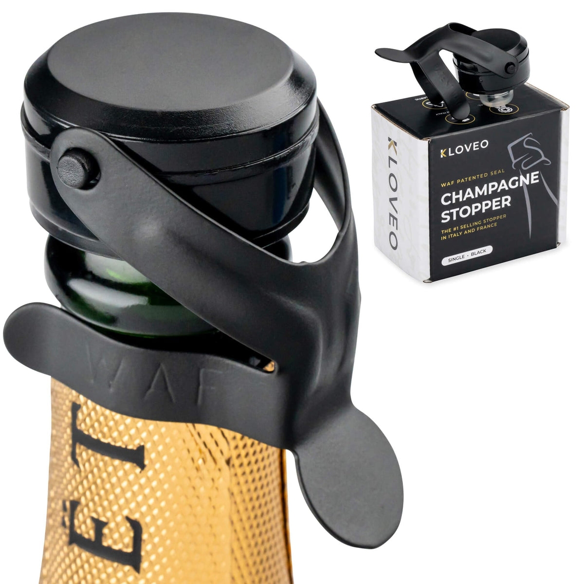 KLOVEO champagne stopper with black cap showing self-tightening seal preserves bubbles.