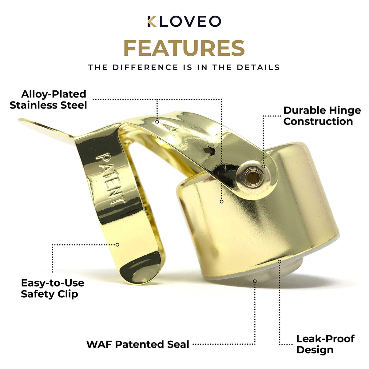 KLOVEO Made-in-Italy champagne stopper highlights premium craftsmanship.