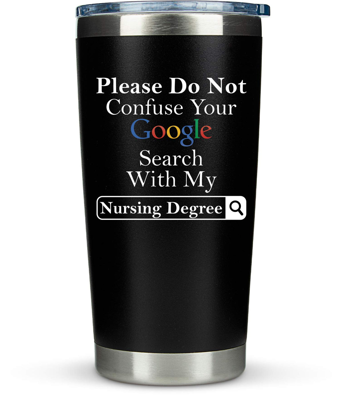 KLUBI nurse gifts google tumbler shown with beverage for daily hydration and humor