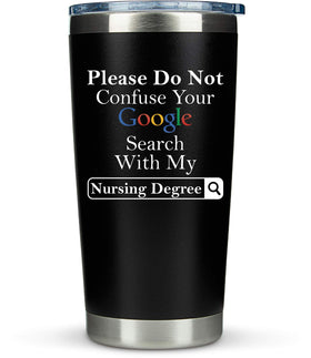 KLUBI nurse gifts google tumbler shown with beverage for daily hydration and humor