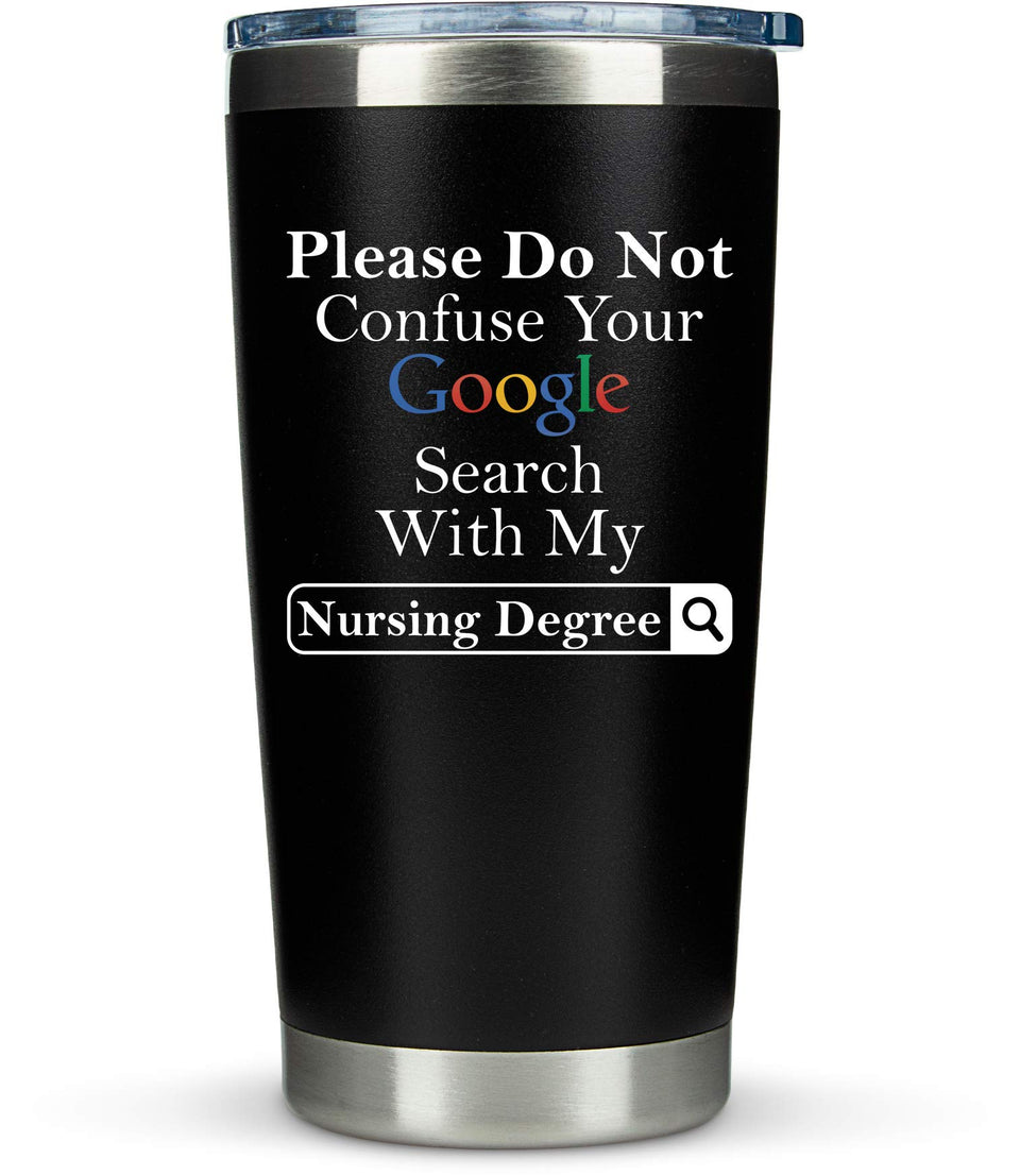 KLUBI nurse gifts google tumbler shown with beverage for daily hydration and humor