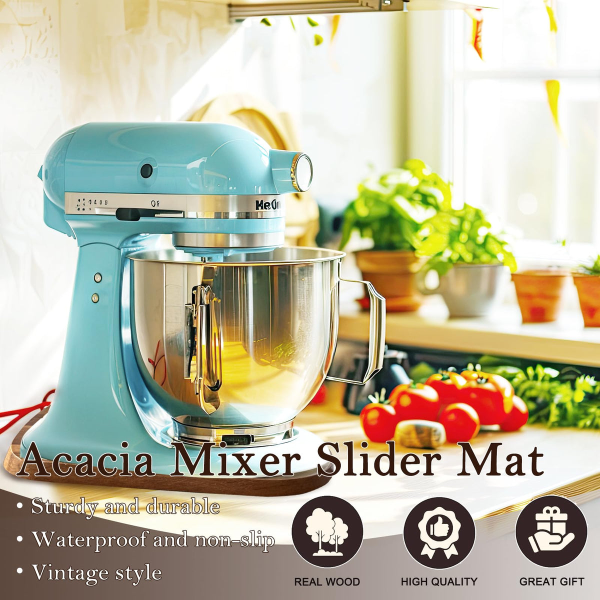 Klxuyuo Acacia Wood Mixer Slider Mat in use beside counter