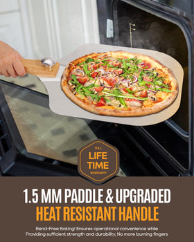 KLYRO pizza peel foldable wooden handle for compact storage and heat protection.