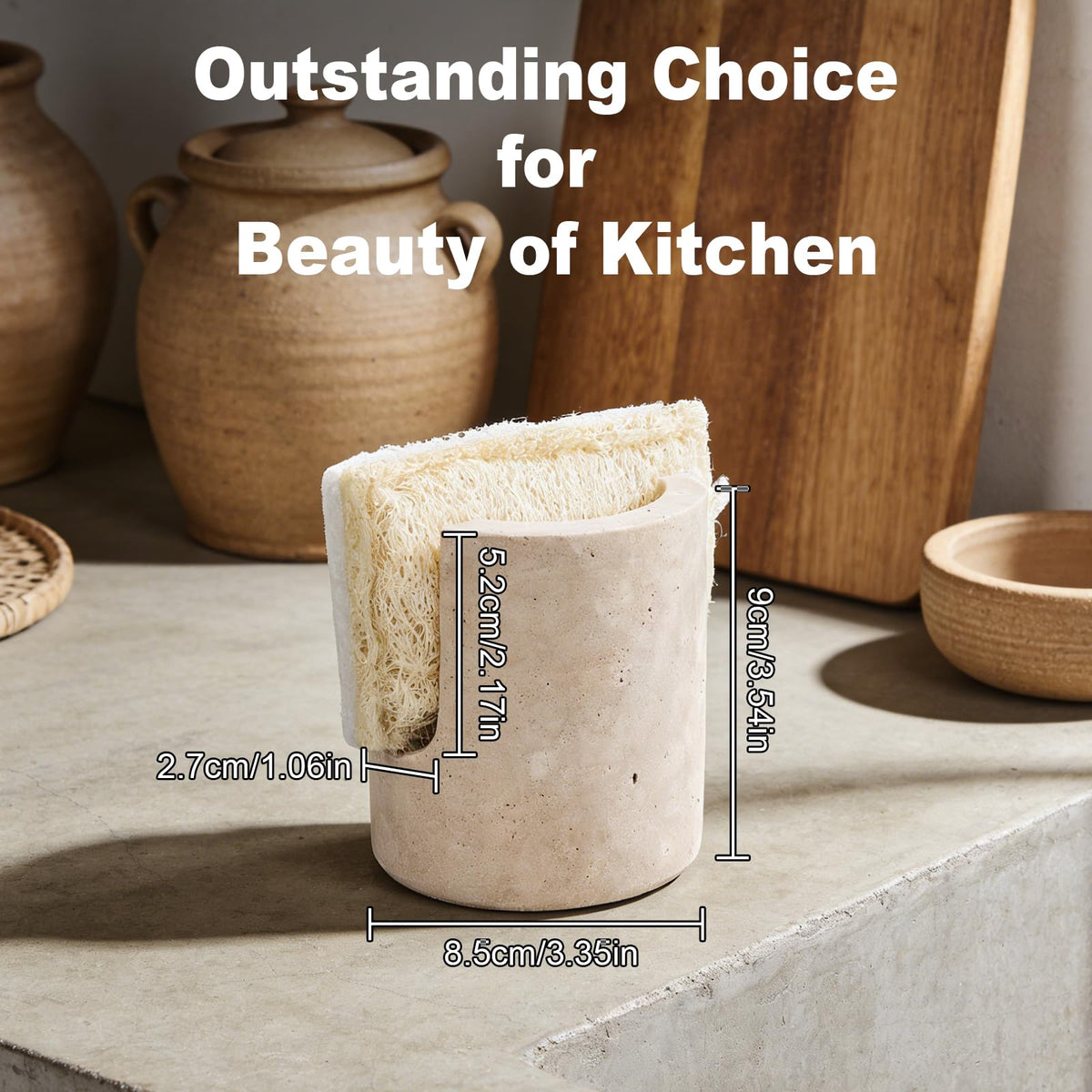 KLYROVA travertine sponge holder fast-drying surface keeps counters dry.