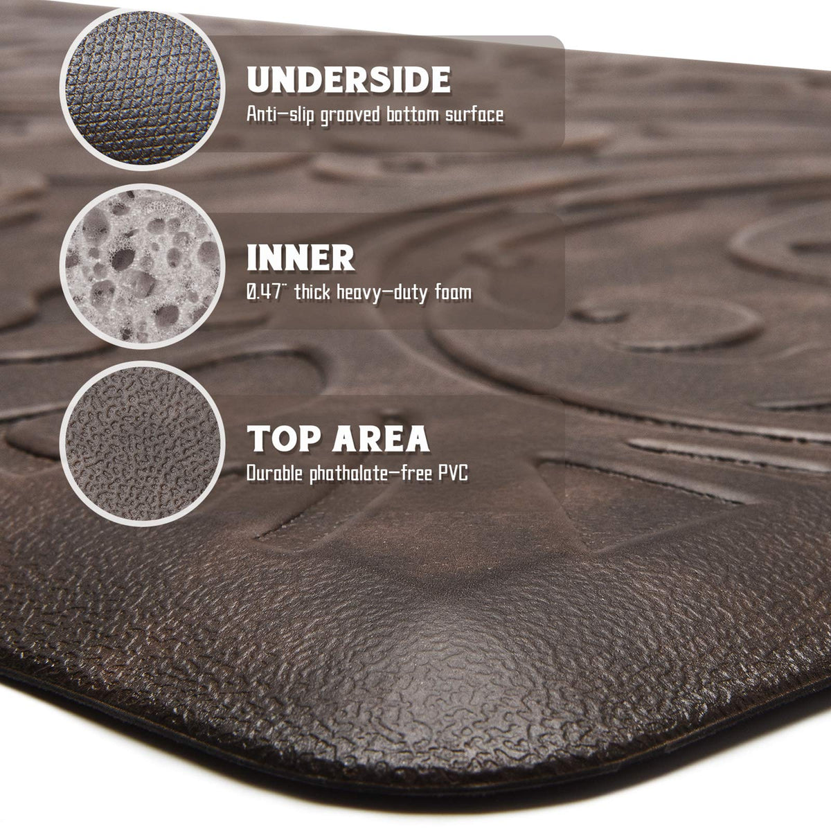KMAT kitchen mat with waterproof top surface that's easy to wipe clean.