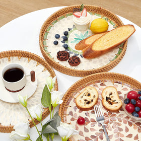 Kmelep bohemian rattan tray with wooden base enhances natural home organization
