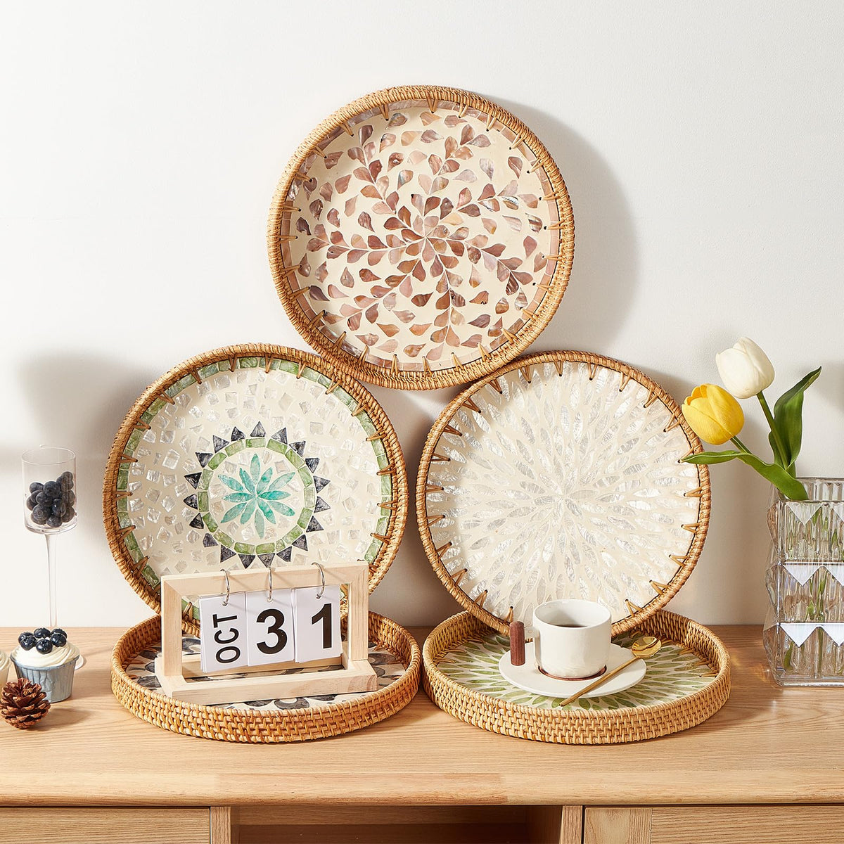 Kmelep rattan tray ideal for coffee, snacks, and small items