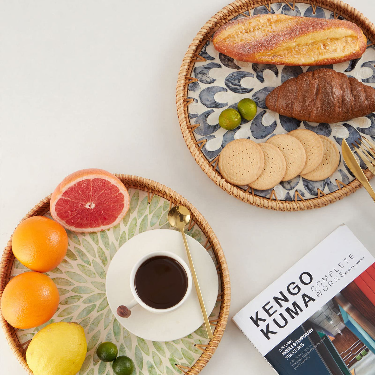 Kmelep rattan tray with wooden base for bread, fruit, or snacks.