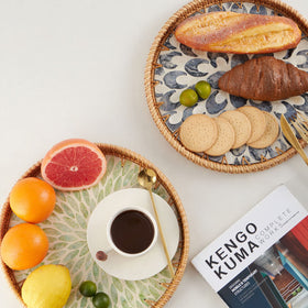 Kmelep rattan tray with wooden base for bread, fruit, or snacks.
