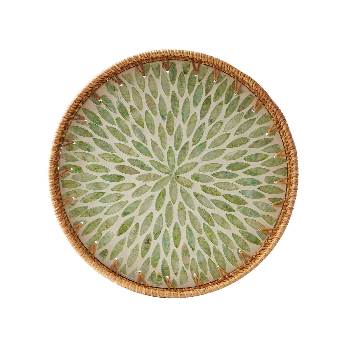 Kmelep round rattan tray with mother of pearl inlay for elegant table display.