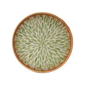 Kmelep round rattan tray with mother of pearl inlay for elegant table display.