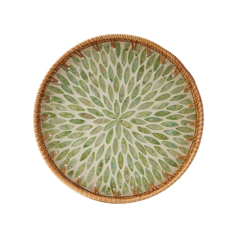 Kmelep round rattan tray with mother of pearl inlay for elegant table display.