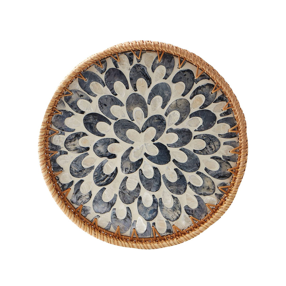 Kmelep round rattan tray with mother of pearl inlay for stylish serving and display.
