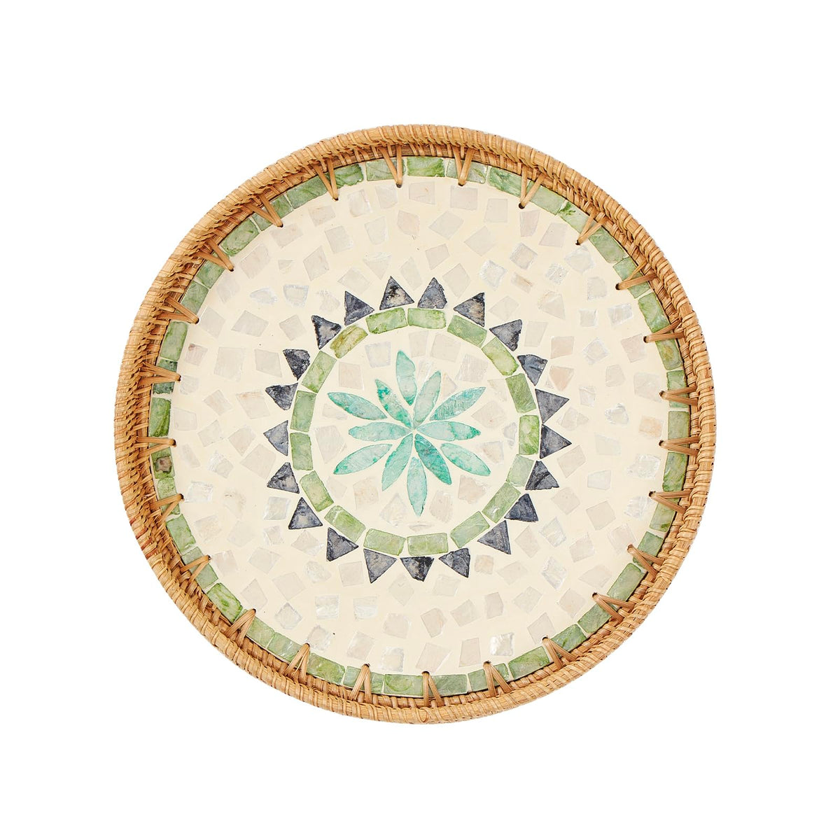 Kmelep round rattan tray with pearl inlay for elegant table display