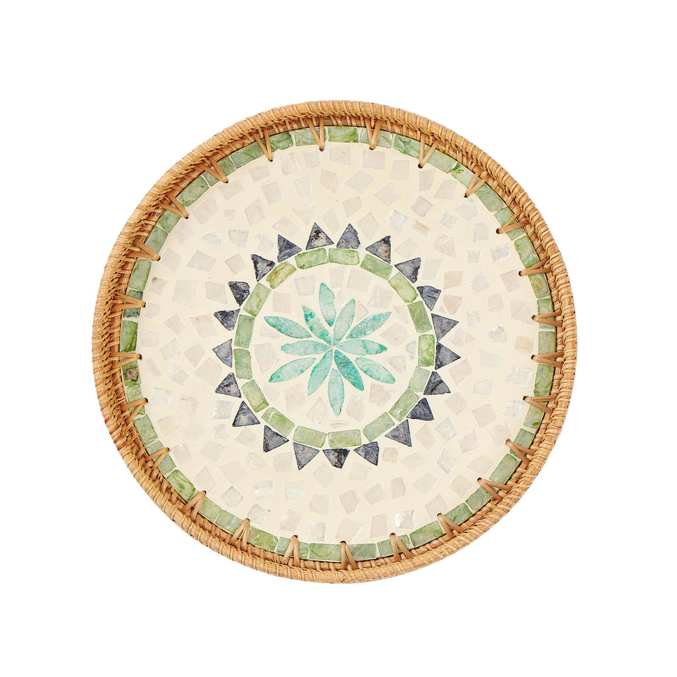 Kmelep round rattan tray with pearl inlay for elegant table display