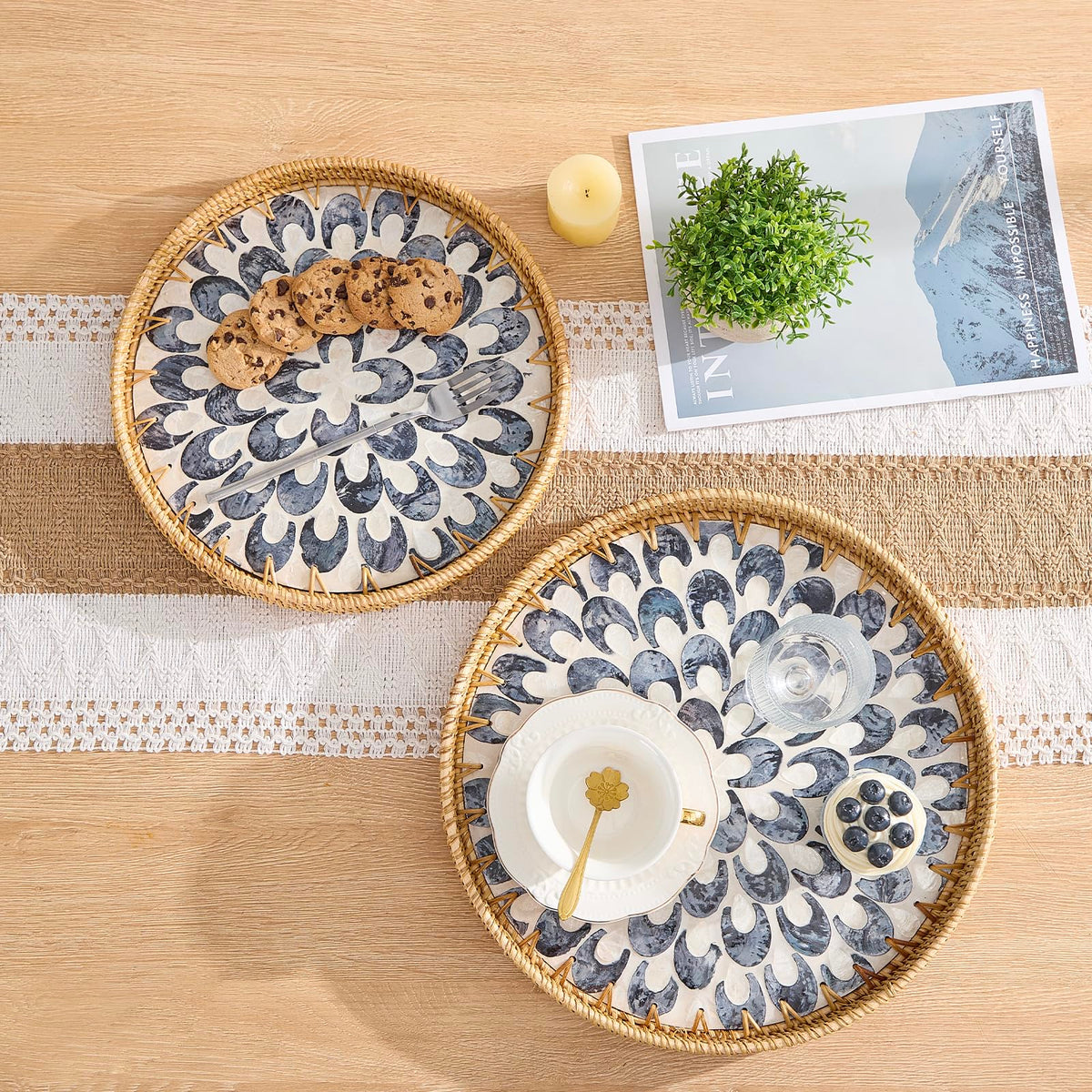 Kmelep round rattan tray on wooden base ideal for fruit and bread.