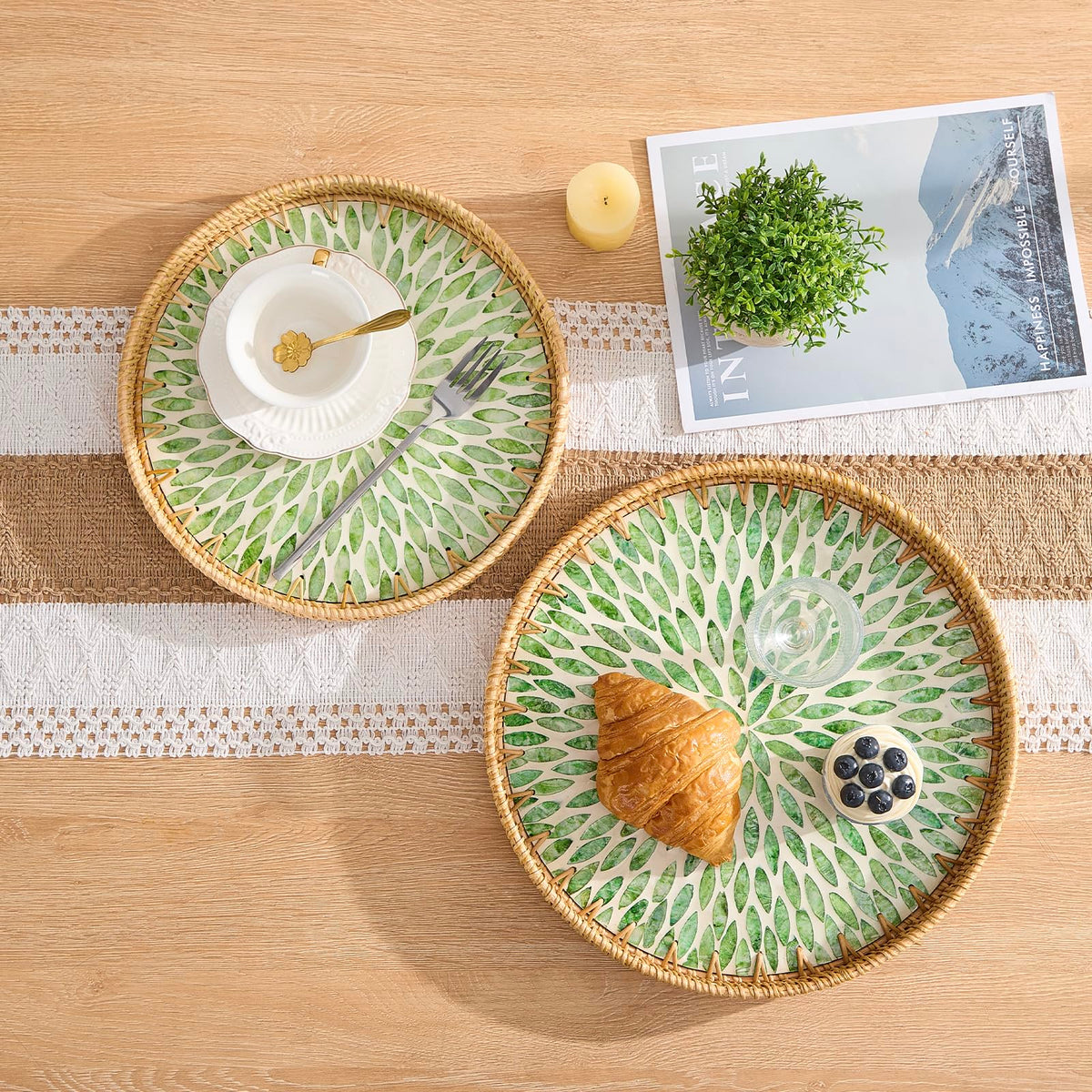 Kmelep rattan tray with wooden base showcasing Bohemian craftsmanship.