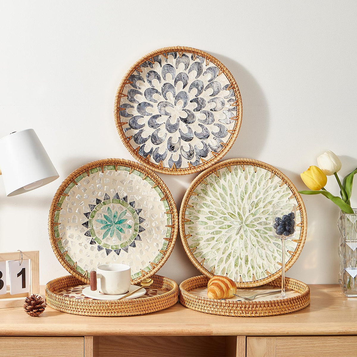 Kmelep tray for coffee and pastries creates a stylish kitchen display.