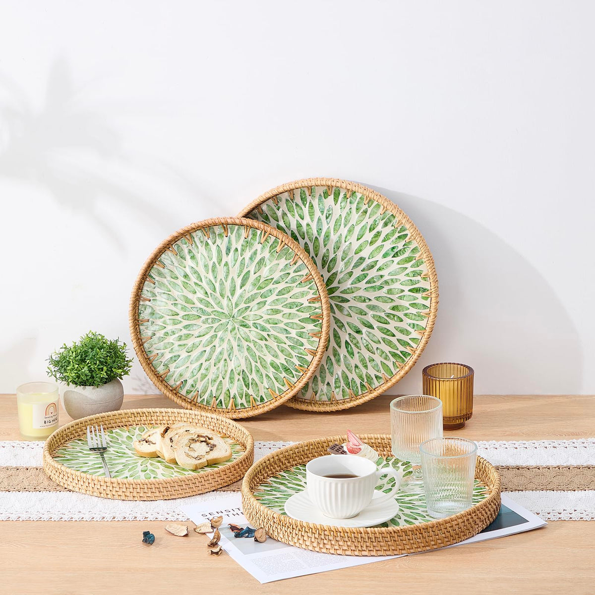 Kmelep round tray hangs as wall art for décor in living spaces.