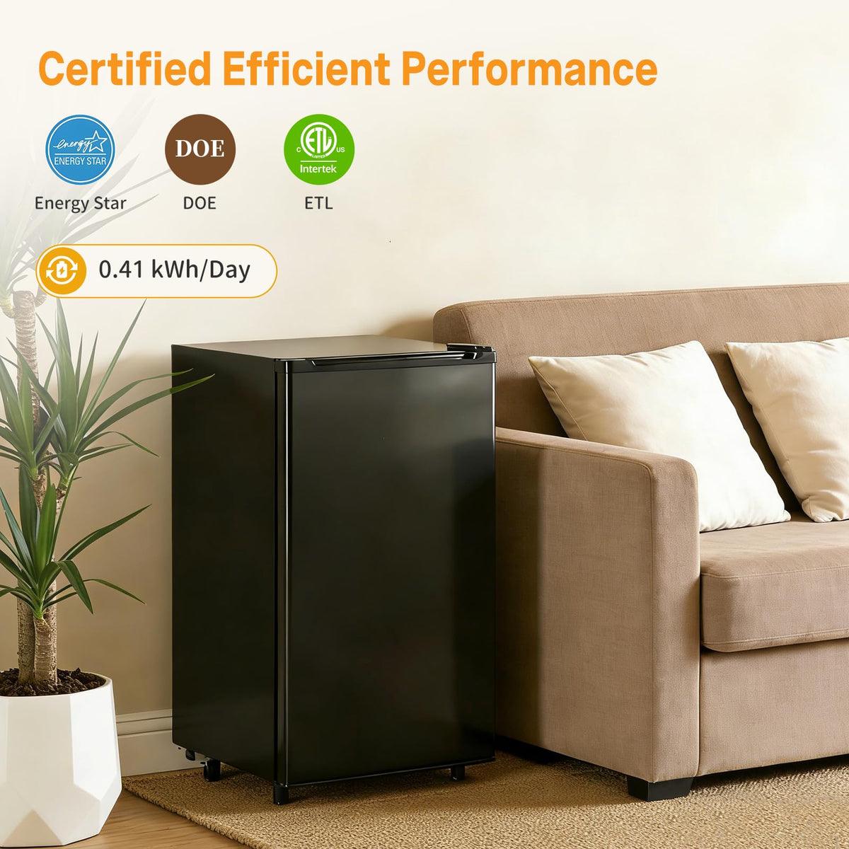 KMFurnila mini-fridge in a bedroom setup for easy access to beverages