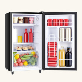KMFurnila mini-fridge front view showing compact size for tight spaces