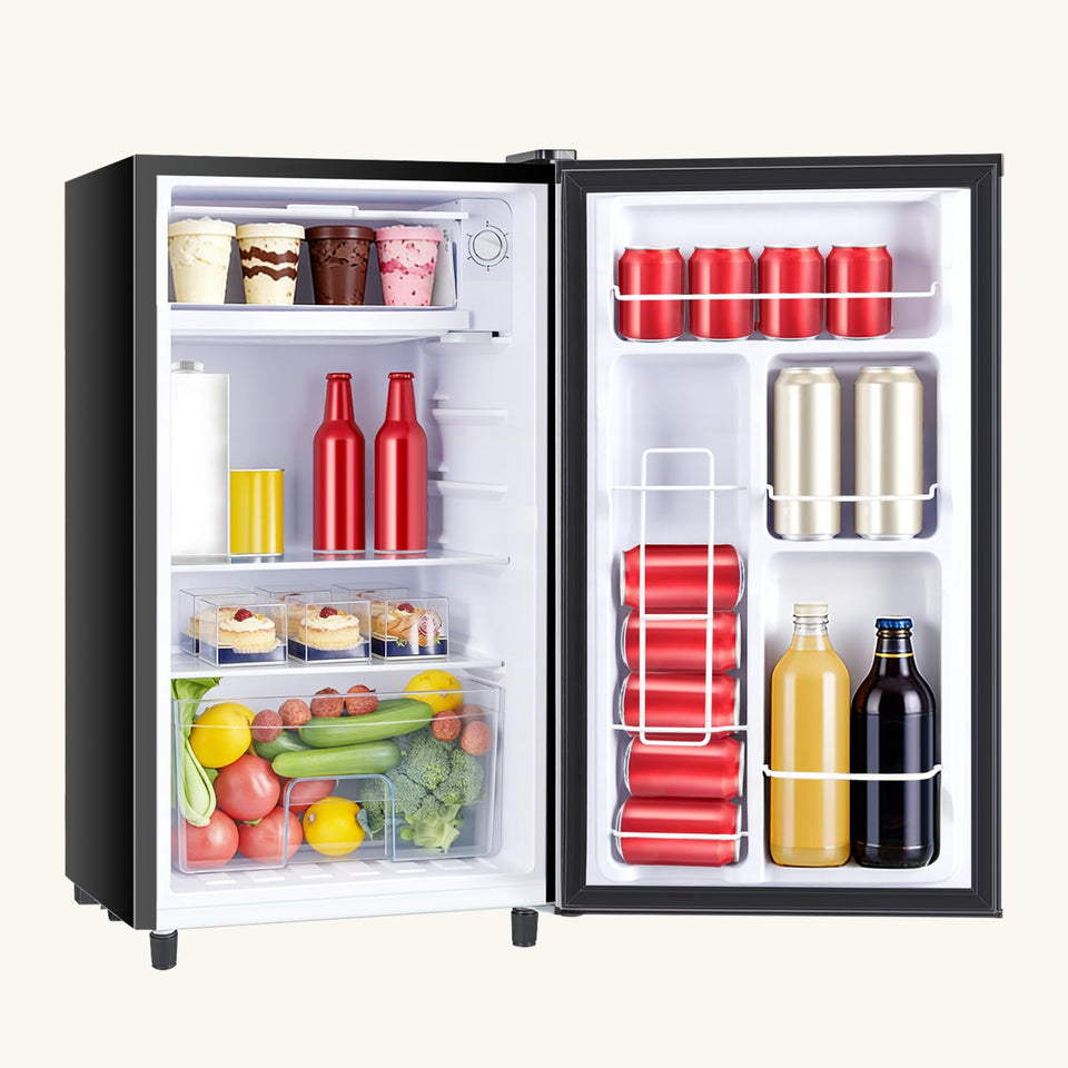 KMFurnila mini-fridge front view showing compact size for tight spaces