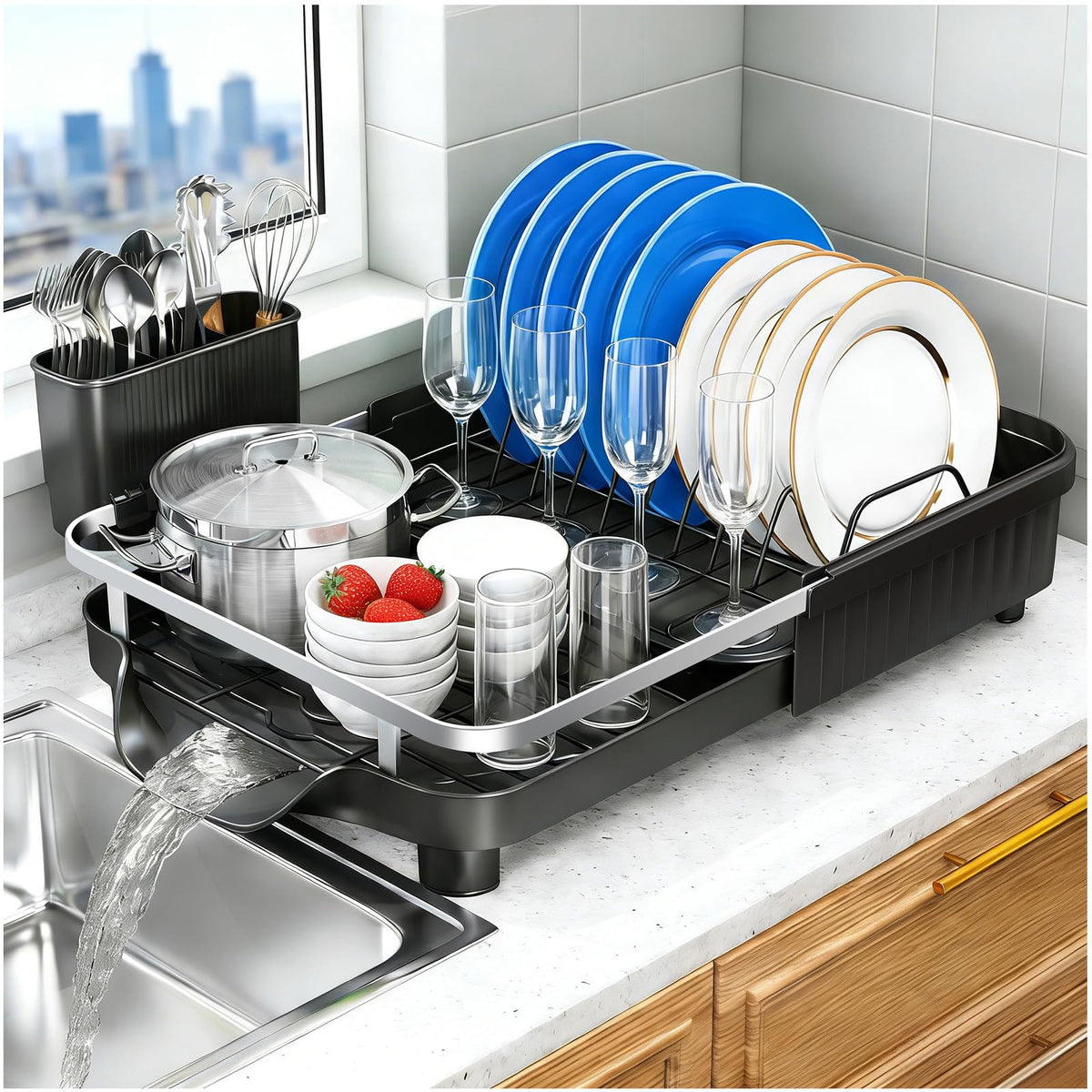 Kmiectse extendable dish drying rack on counter saves space while organizing dishes.